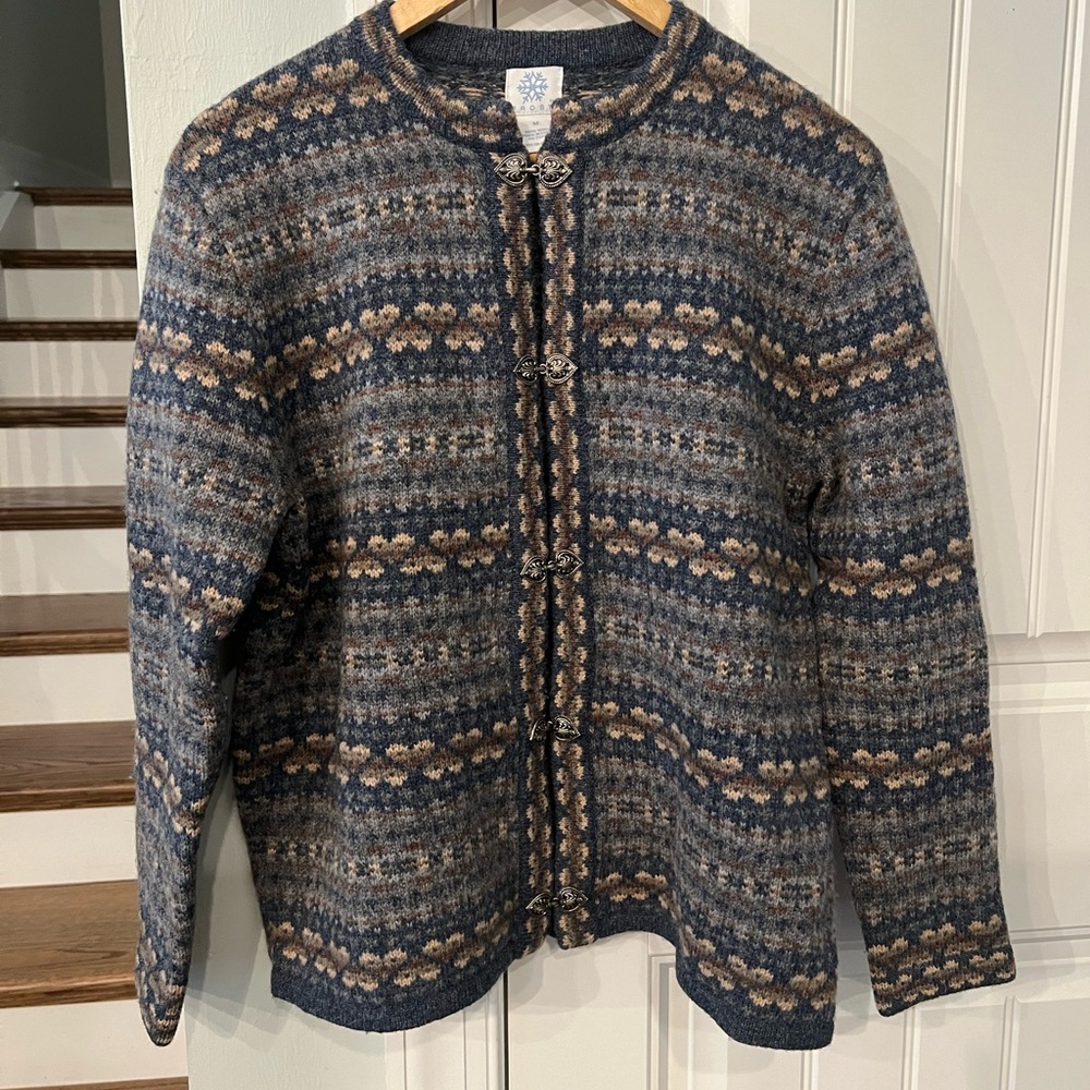 Frost Wool Cardigan Sweater M Nordic Fair Isle Knit Pewter Clasp Blue Gray Tan